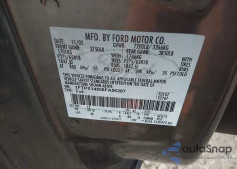 2006 Ford F-150 Fx4/Lariat/Xl/Xlt z USA, uszkodzony, nr VIN 1FTPX14506FA56287